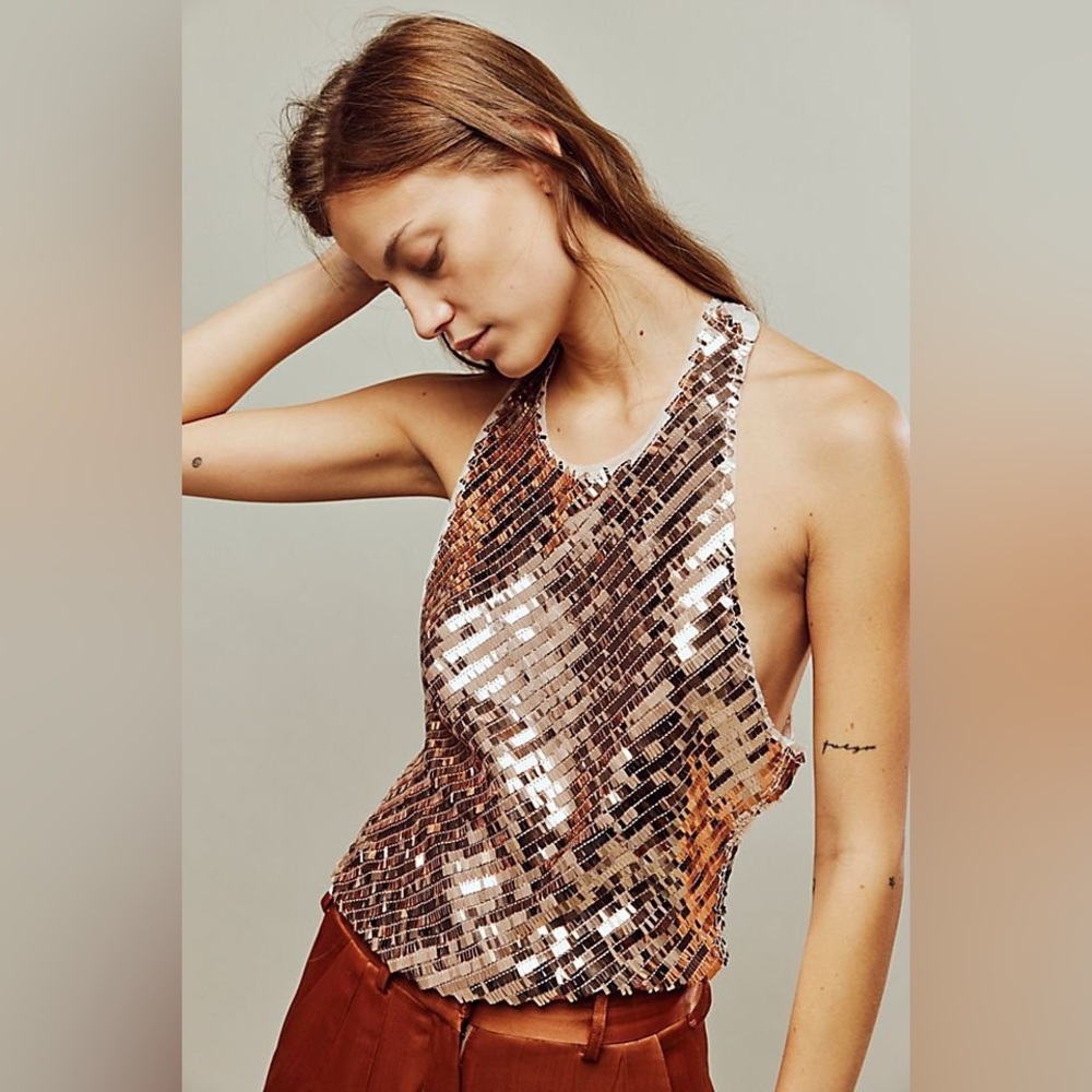 Free People Disco Fever Cami | Champagne Sparkle Tank Top